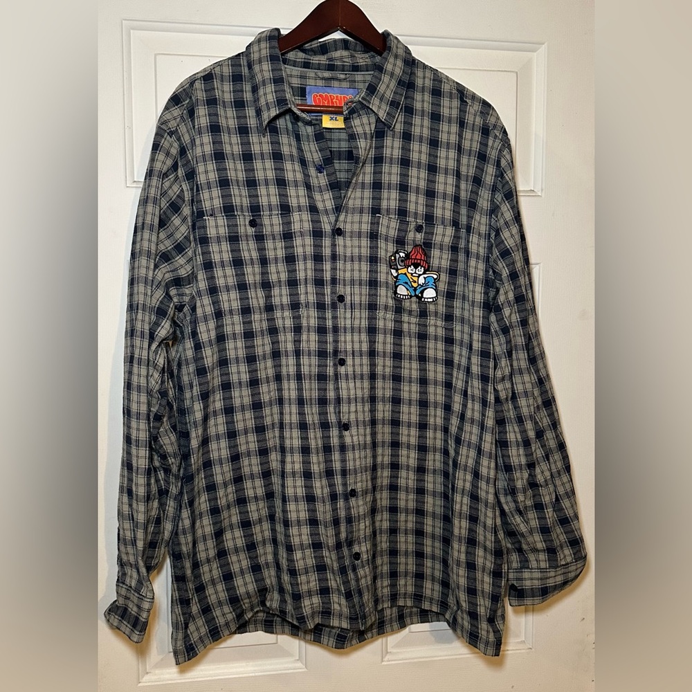 Empyre Flannel‎ Shirt Mens XL Tan & Navy Blue Plaid Button Up Skater Beach Patch